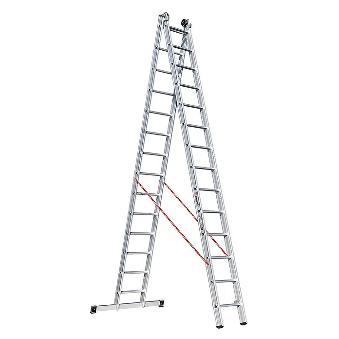 Euroline Mehrzweckleiter Premium 306 Mehrzweckleiter 2x14 Sprossen - Anzahl Tritte: 14 Stk., Arbeitshöhe: 8.650 m, Aluminium - Vielseitige silberne Aluminiumleiter, als Stehleiter aufgebaut, mit roten Sicherheitsgurten und Querstabilisator.