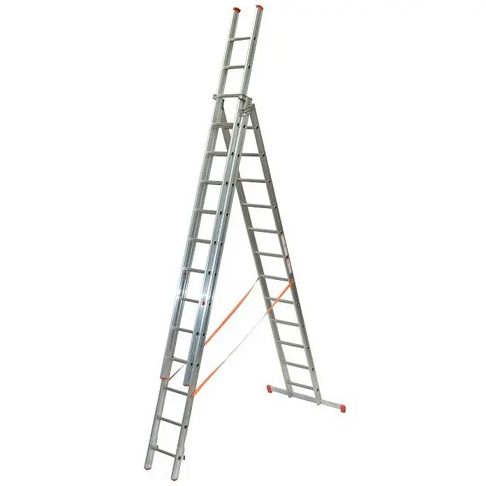 Facal Mehrzweckleiter Mehrzweckleiter 3-teilig GENIA S300 3x12 Sprossen - Anzahl Tritte: 12 Stk., Arbeitshöhe: 10.110 m, Aluminium - Silberne Aluminium-Mehrzweckleiter in A-Form mit ausgefahrenem Teil und orangefarbenen Sicherheitsgurten.