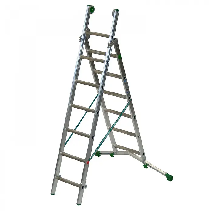 Facal Mehrzweckleiter Mehrzweckleiter SUPERPRIMA S600 2-teilig 6+7 Sprossen - Anzahl Tritte: 6 Stk., Arbeitshöhe: 4.500 m, Aluminium - Silberne Aluminium-Mehrzweckleiter in A-Rahmen-Konfiguration mit grünen Akzenten.