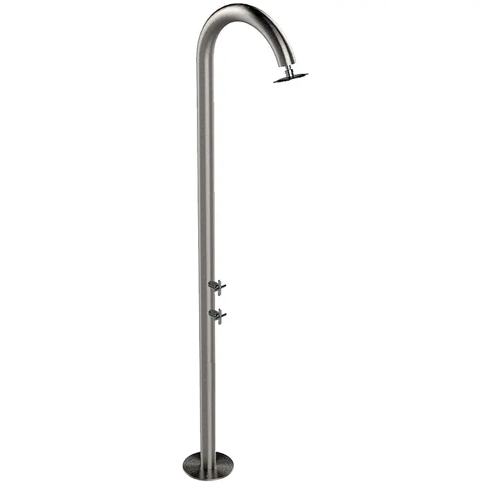 Ideal Eichenwald Pooldusche Modell 35 Gartendusche Nemo Typ Mischbatterie geschliffen - Edelstahl - Freistehende Außendusche aus gebürstetem Edelstahl mit gebogenem Kopf und zwei sternförmigen Griffen.