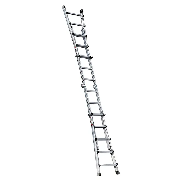 Euroline Mehrzweckleiter Premium 31601 Vario-Klappleiter 4x4 Sprossen - Anzahl Tritte: 4 Stk., Arbeitshöhe: 4.850 m, Aluminium - Silberne Aluminium-Mehrzweckleiter mit schwarzen Akzenten, in ausgefahrener, angewinkelter Position.