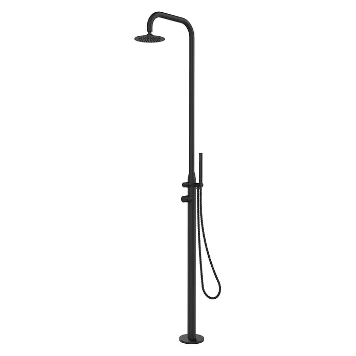 Ideal Eichenwald Pooldusche Modell 70 Gartendusche Juist in Schwarz - Edelstahl - Freistehende mattschwarze Außendusche mit rundem Regenbrausekopf und Handbrause.