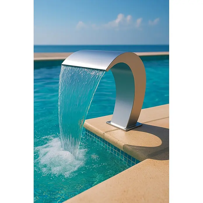 Ideal Eichenwald Pooldusche Modell 52 Schwalldusche Maine - Edelstahl - Silberfarbener bogenförmiger Pool-Wasserfall fließt in einen türkisen Pool, mit dem Meer im Hintergrund.
