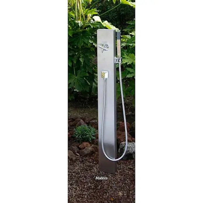 Ideal Eichenwald Pooldusche Modell 40.1 Gartendusche Madeira Typ Mischbatterie - Edelstahl - Edelstahlduschsäule für den Außenbereich mit Handbrause und Bedienknopf im Garten.