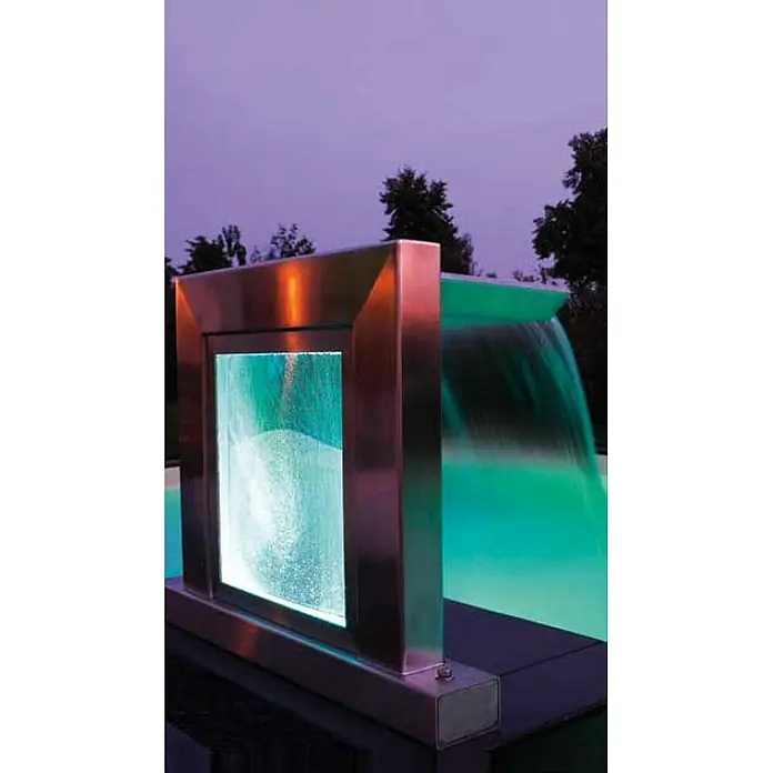 Ideal Eichenwald Pooldusche Modell 52 Schwalldusche Aquarius mit RGB-Beleuchtung - Edelstahl - Modernes Wasserspiel aus gebürstetem Metall mit beleuchteter Blubberfläche und Wasserfall in einen Pool.