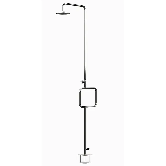 Ideal Eichenwald Pooldusche Modell 70 Gartendusche Pacific mit Erddornen - Edelstahl - Freistehende Outdoor-Dusche aus poliertem Metall mit rundem Duschkopf, Ventil, quadratischem Handlauf und Erdspießfuß.