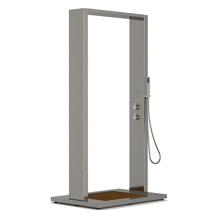 Ideal Eichenwald Pooldusche Modell 70 Gartendusche Samoa mit WPC Plattform anthrazit - Höhe: 0,01 m, Edelstahl - Freistehende Outdoor-Dusche aus Metall mit integrierter Regenbrause, Massagedüsen, Handbrause und Holzrost.