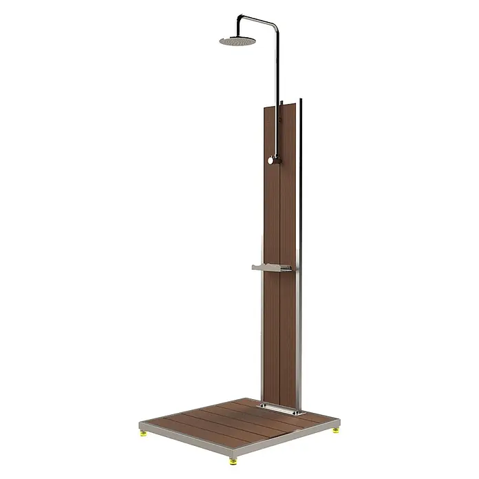 Ideal Eichenwald Pooldusche Modell 70 Gartendusche Bahama mit Bodenplatte - Edelstahl - Freistehende Außendusche mit braunen Holzoptik-Paneelen und Metallrahmen, Duschkopf und Bedienelementen.