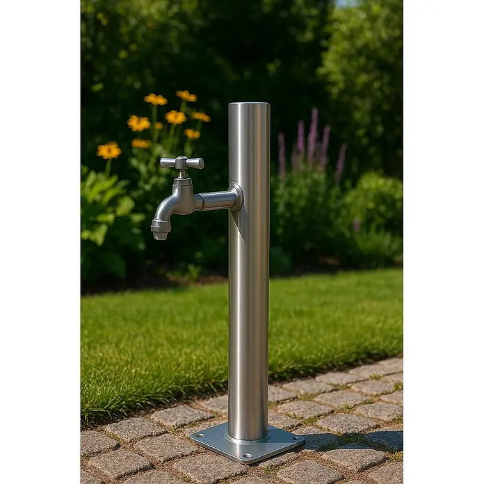 Ideal Eichenwald Pooldusche Modell 71 Wasserzapfsäule L-Form rund - Edelstahl - Edelstahl-Gartenwasserhahn auf hohem Standrohr, auf Pflaster neben Rasen.