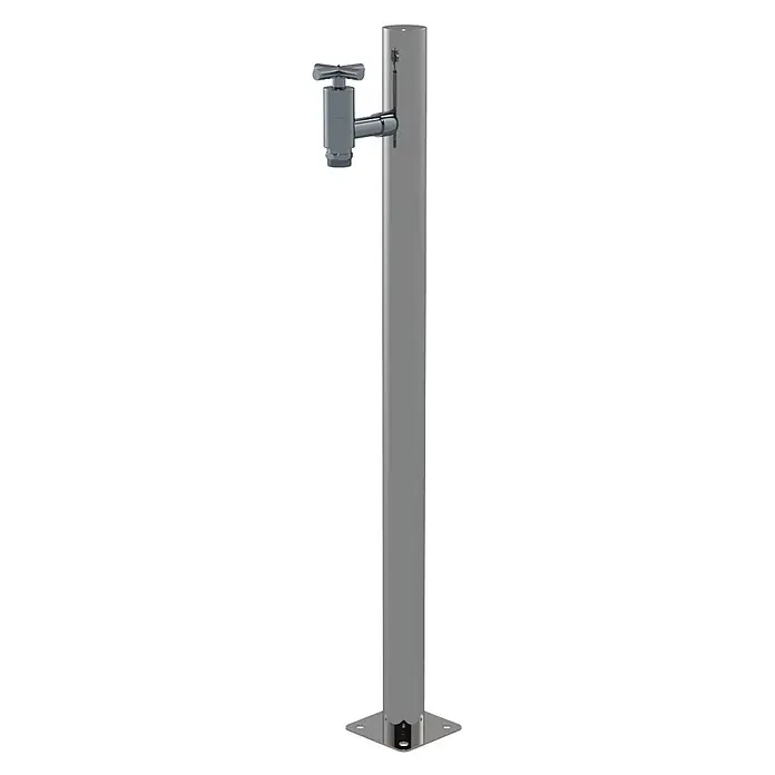 Ideal Eichenwald Pooldusche Modell 71 Wasserzapfsäule L-Form rund - Edelstahl - Silberner Metall-Wasserpfosten mit Sternventil und Montageplatte.