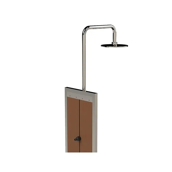 Ideal Eichenwald Pooldusche Modell 70 Gartendusche Bahama mit Bodenplatte - Edelstahl - Außendusche mit Chrom-Kopfbrause und brauner Verbundplatte mit schwarzem Bedienknopf.