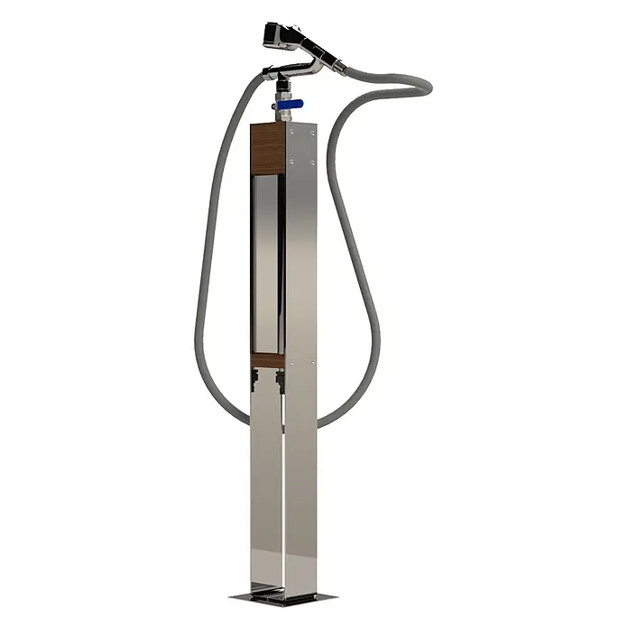 Ideal Eichenwald Pooldusche Kalt- & Warmwasser - Höhe: 0,01 m, Edelstahl - Freistehende Duschsäule aus Edelstahl mit Holzdetails, Handbrause und Schlauch.