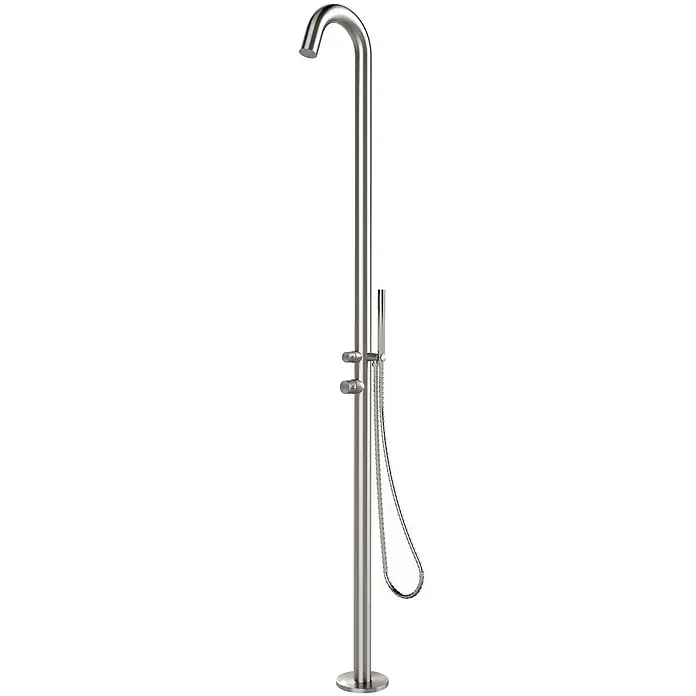 Ideal Eichenwald Pooldusche Modell 70 Gartendusche Sylt - Edelstahl - Gebürstete Metall-Außendusche mit gebogenem Auslauf, Handbrause und zwei Bedienknöpfen.
