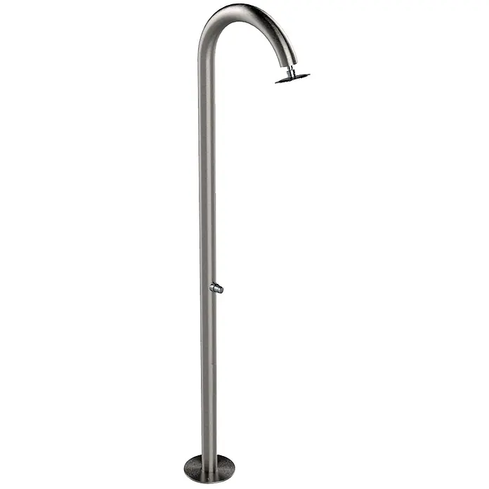 Ideal Eichenwald Pooldusche Modell 35 Gartendusche Nemo Typ Selbstschlussventil geschliffen - Edelstahl - Gebürstete Edelstahl-Außendusche mit gebogenem Arm, kleinem Duschkopf und Druckknopfventil.