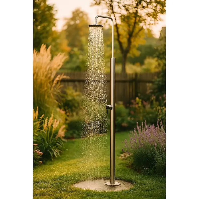 Ideal Eichenwald Pooldusche Modell 70 Gartendusche Romeo - Edelstahl - Edelstahl-Gartendusche mit fließendem Wasser in einem üppigen Garten.