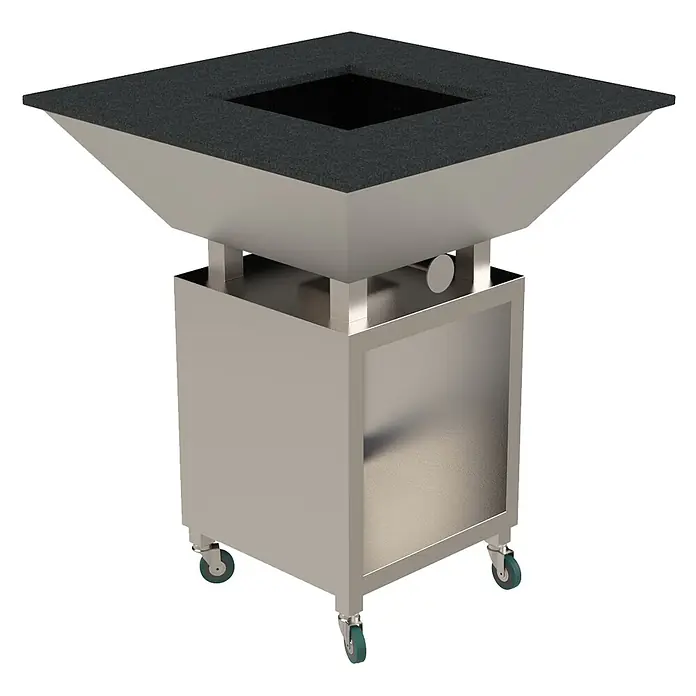 Ideal Eichenwald Pooldusche Grill mit Granitauflage 900x900mm - Edelstahl - Quadratische, mobile Wärmestation aus Edelstahl mit dunkler Platte und zentraler Öffnung auf Rollen.