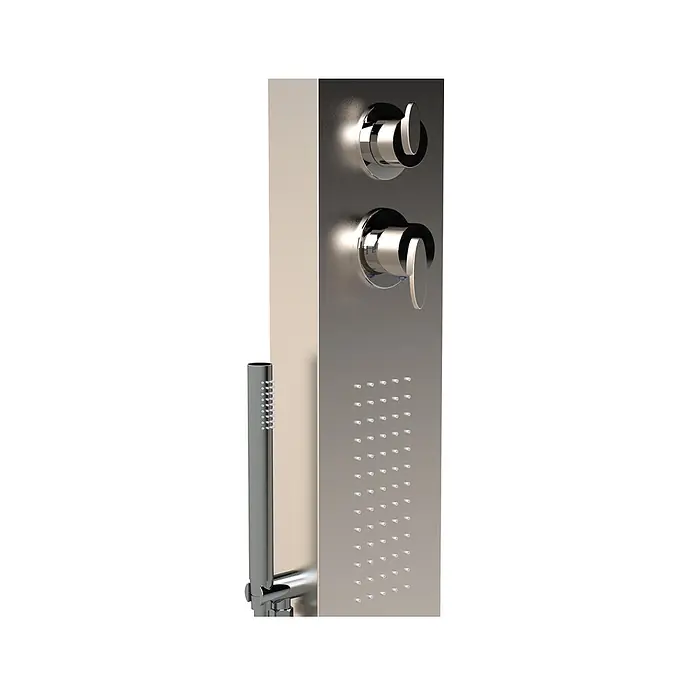 Ideal Eichenwald Pooldusche Modell 70 Gartendusche Elba mit WPC Plattform sandfarbig - Edelstahl - Duschpaneel aus gebürstetem Metall mit zwei Bedienknöpfen, mehreren Körperdüsen und einer eleganten Handbrause.