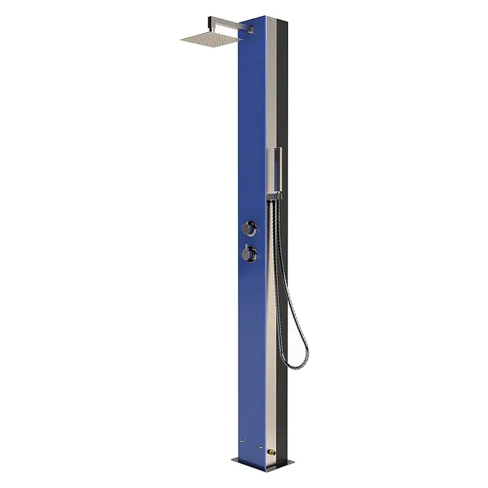 Ideal Eichenwald Pooldusche Modell 70 Solar Garten Glasdusche Curacao Blau - Edelstahl - Blaue und silberne Außenduschsäule mit quadratischem Duschkopf und Handbrause.