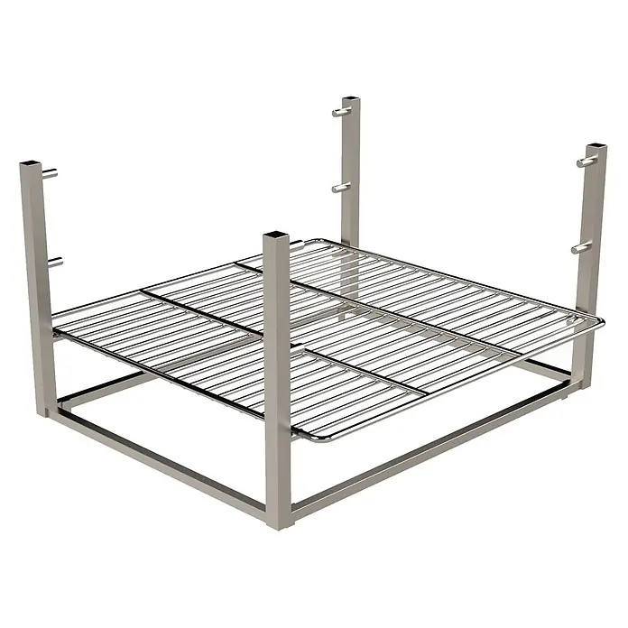 Ideal Eichenwald Pooldusche Grillrost mit Halterung höhenverstellbar 400x400mm - Edelstahl - Glänzendes höhenverstellbares Grillrostsystem aus Metall mit quadratischem Fuß und Stützpfosten.