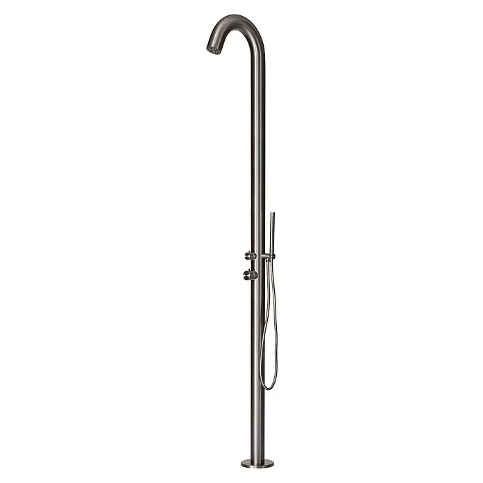 Ideal Eichenwald Pooldusche Modell 70 Gartendusche List für stark freuqentierte Bereiche - Edelstahl - Edelstahl-Außendusche mit gebogenem Duschkopf, zwei Reglern und einer Handbrause.