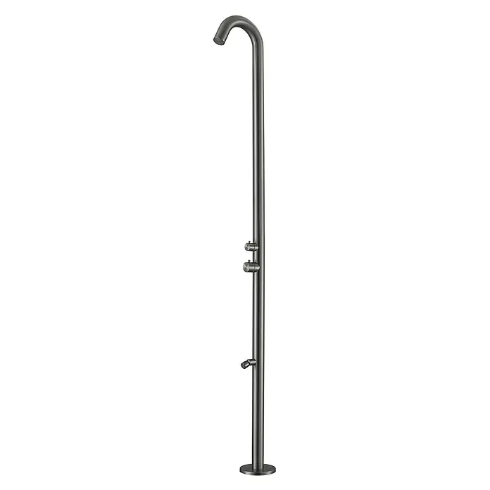 Ideal Eichenwald Pooldusche Modell 70 Gartendusche Sylt in Gun Metal - Edelstahl, Gun Metal - Freistehende Außendusche aus gebürstetem dunklem Metall, mit gebogenem Duschkopf und zwei seitlichen Wasserauslässen.