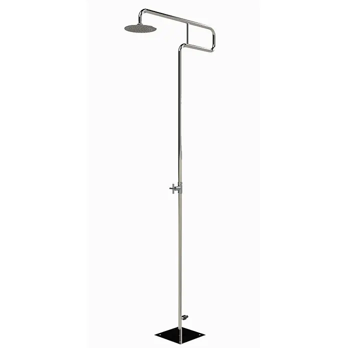 Ideal Eichenwald Pooldusche Modell 70 Gartendusche Trombone mit Erdspieß Typ Kaltwasser - Edelstahl - Freistehende Chrom-Außendusche mit rundem Duschkopf und einem Bedienknopf.