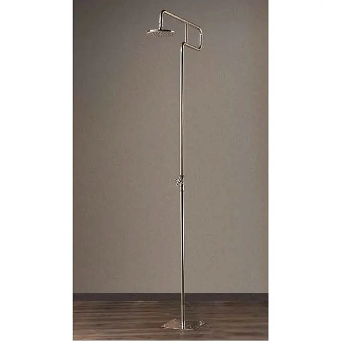 Ideal Eichenwald Pooldusche Modell 70 Gartendusche Trombone mit Erdspieß Typ Kaltwasser - Edelstahl - Freistehende Außendusche aus poliertem Metall mit Regenduschkopf.