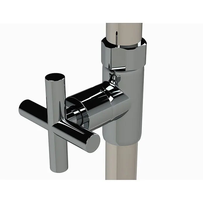 Ideal Eichenwald Pooldusche Modell 70 Gartendusche Trombone mit Erdspieß Typ Kaltwasser - Edelstahl - Chromglänzendes T-Griff-Absperrventil an einem Rohr.