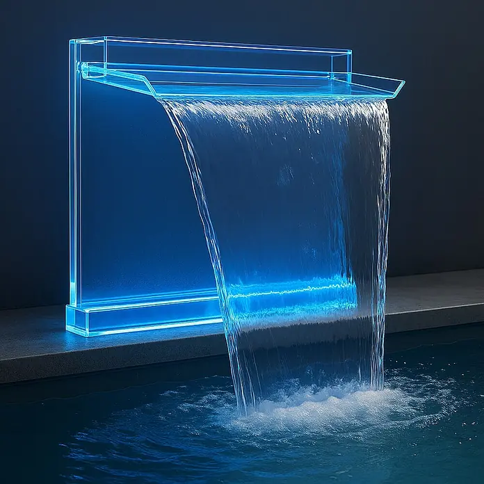 Ideal Eichenwald Pooldusche Modell 52 Schwalldusche Aquarius Acryl mit RGB-Beleuchtung - Glas - Transparenter Acryl-Wasserfall mit blauer LED-Beleuchtung, der Wasser in ein dunkles Becken leitet.