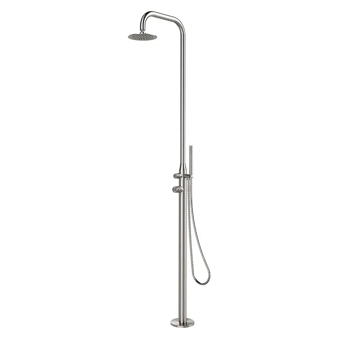 Ideal Eichenwald Pooldusche Modell 70 Gartendusche Juist - Edelstahl - Freistehende Außendusche aus gebürstetem Metall mit großem festem Duschkopf, Handbrause und zwei Bedienknöpfen auf rundem Sockel.