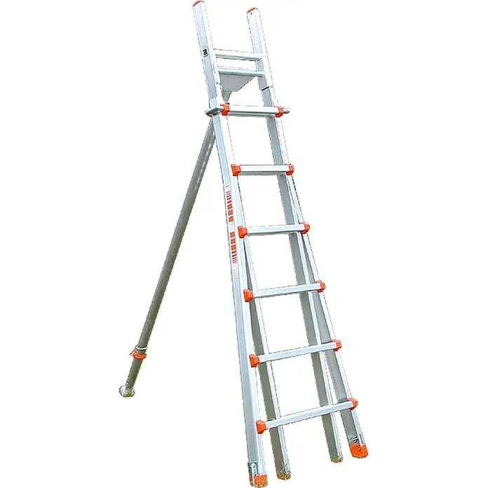 Siedra-Leitern Obstbaumleiter Obstbaumleiter Baumfreund 7-12 Sprossen - Arbeitshöhe: 5.000 m, Aluminium - Silberne Aluminium-Mehrzweckleiter mit orangen Akzenten und einer verstellbaren Stützstange.