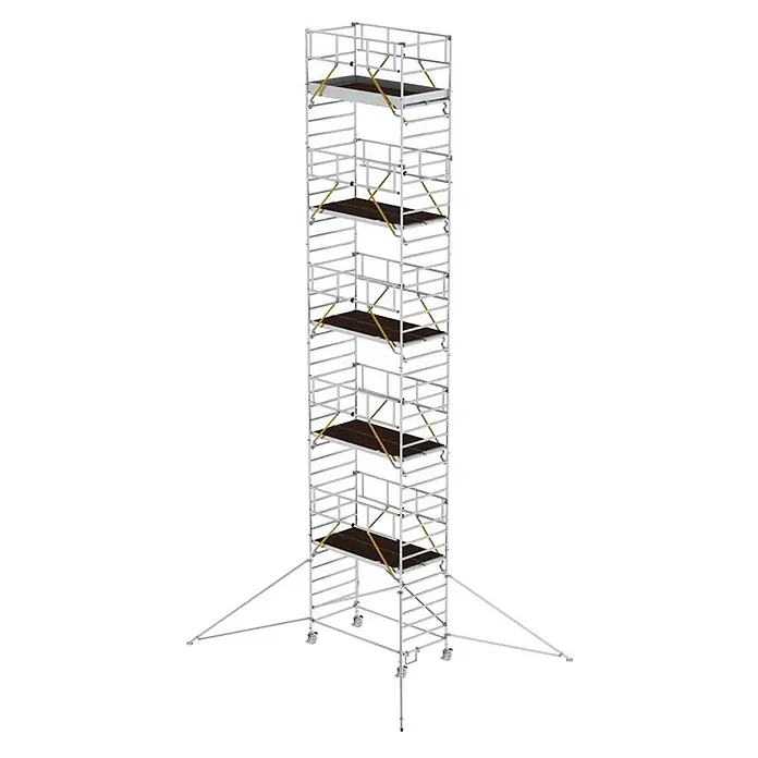 Munk Rollgerüst Rollgerüst SG mit Doppelplattform 1,35x2,45m und Ausleger 13,47m AH - Arbeitshöhe: 13.470 m - Hohes silbernes Aluminium-Fahrgerüst mit mehreren Arbeitsebenen, Rollen und Auslegern zur Stabilisierung.