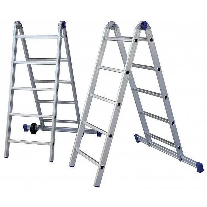 Facal Rollgerüst Gelenkgerüst S100 PINNA - Arbeitshöhe: 3.780 m - Zwei silberne Aluminium-Mehrzweckleitern, eine zusammengeklappt, die andere in A-Form.