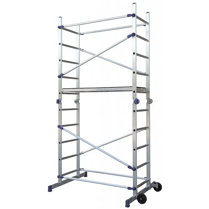 Facal Rollgerüst Gelenkgerüst S100 PINNA - Arbeitshöhe: 3.780 m - Silbernes Aluminium-Rollgerüst mit violetten Akzenten, mehreren Plattformen und Rädern für Mobilität.