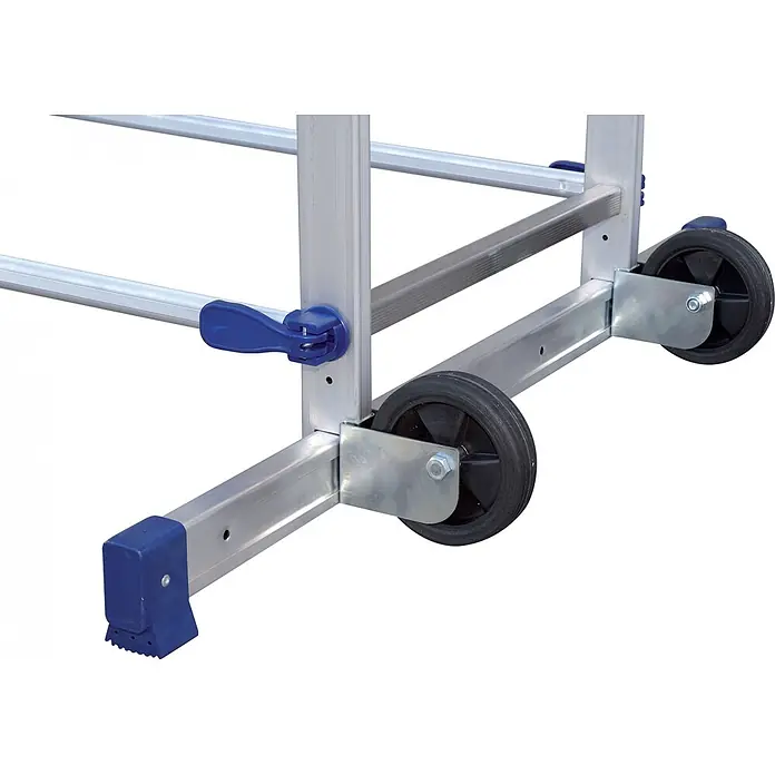 Facal Rollgerüst Heimwerkergerüst S100 CLIC - Arbeitshöhe: 4.360 m - Aluminiumleiter-/Gerüstunterteil mit schwarzen Rädern, verzinkten Halterungen und blauem rutschfesten Fuß. Mit blauem Verstellhebel.