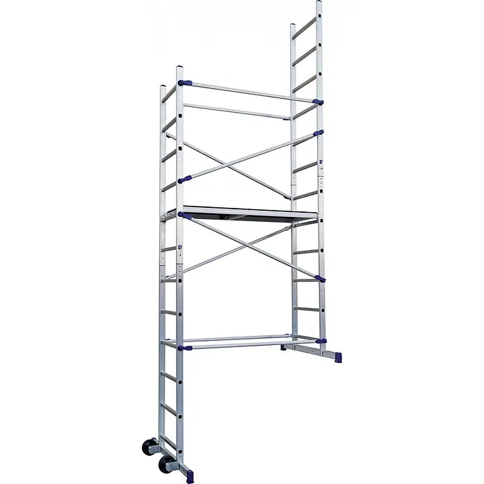 Facal Rollgerüst Heimwerkergerüst S100 CLIC - Arbeitshöhe: 4.360 m - Mobiles Aluminium-Rollgerüst mit Arbeitsplattform und Rädern, mit blauen Verbindungen.