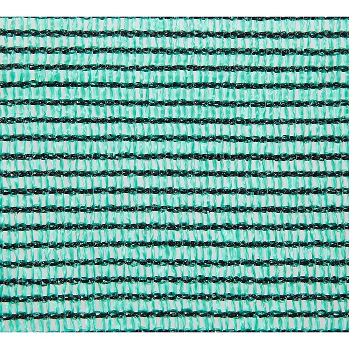 Sichtschutz - 500 x 80 cm, Grün - Nahaufnahme eines türkisfarbenen Schattierungsnetzes mit schwarzen Fäden, das eine gleichmäßige Textur und Dichte für Schatten bietet.