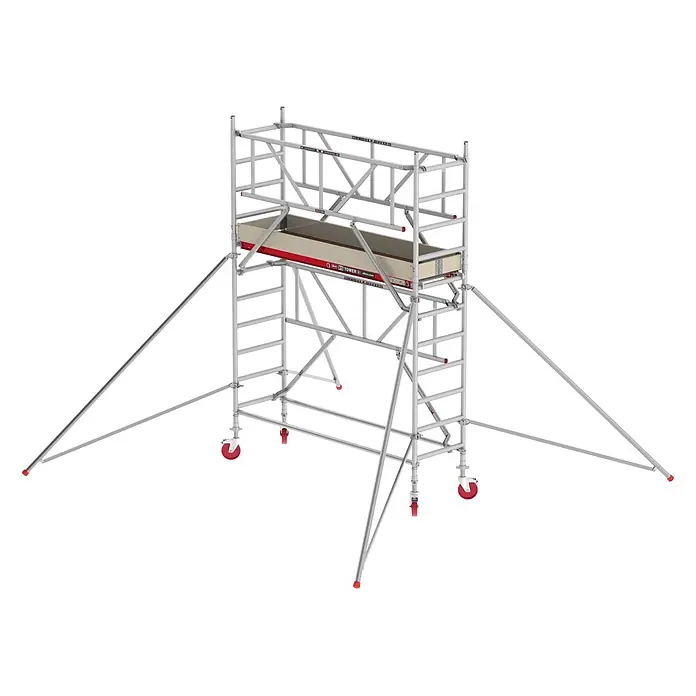 Altrex Rollgerüst Fahrgerüst RS Tower 41-S Aluminium mit Safe-Quick und Holz-Plattform 4,20m - Arbeitshöhe: 4.200 m - Silbernes Aluminium-Rollgerüst mit roten Rädern und Auslegern, inklusive Arbeitsbühne.
