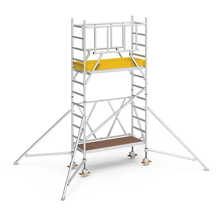 Iller Leiter Rollgerüst Klappgerüste mit Sicherheitsaufbau 1,35x1,80m | 4,60 m AH - Arbeitshöhe: 4.600 m - Mobiles Aluminiumgerüst mit gelben und braunen Plattformen sowie Auslegern für Stabilität.