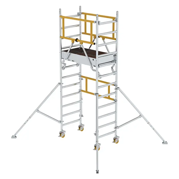Munk Rollgerüst Flexxtower SG mit Sicherheitsgeländer 4,10m AH - Arbeitshöhe: 4.100 m - Silberfarbenes Aluminium-Rollgerüst mit gelben Geländern, dunkler Plattform, Rollen und Auslegern.