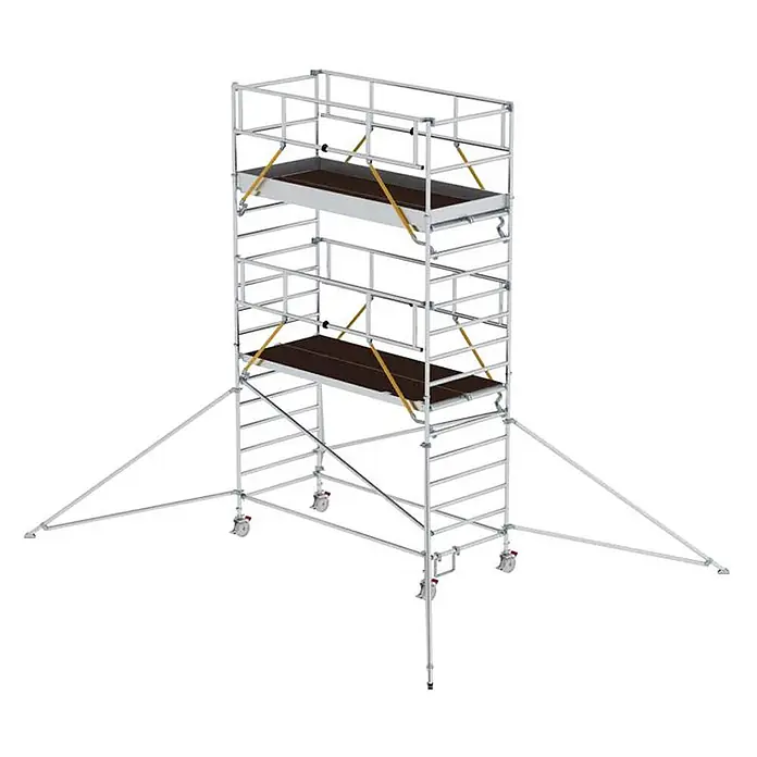 Munk Rollgerüst Rollgerüst SG mit Doppelplattform 1,35x3,00m und Ausleger 6,47m AH - Arbeitshöhe: 6.470 m - Silbernes Aluminium-Rollgerüst mit zwei braunen Arbeitsplattformen, verstellbaren Rädern und Stabilisatoren.