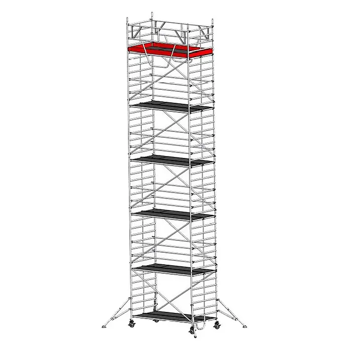 Euroline Rollgerüst Gerüst 9517 mit Sicherheitsaufbau und Auslegern 12,35m AH - Arbeitshöhe: 12.350 m - Hoher, mobiler Aluminium-Rollgerüstturm mit mehreren schwarzen und einer roten oberen Plattform, stabilisiert durch Ausleger.
