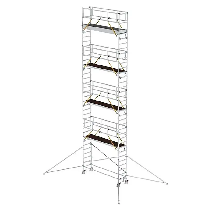 Munk Rollgerüst Rollgerüst SG mit Ausleger 0,75x3,00m Plattform 11,51m AH - Arbeitshöhe: 11.510 m - Hohes, mehrstufiges Aluminium-Rollgerüst mit dunklen Plattformen, gelben Sicherheitsgurten und Auslegern mit Rollen und Nivellierfüßen.