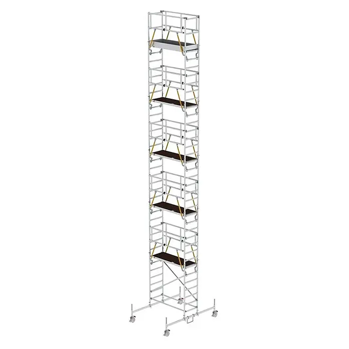 MUNK Rollgerüst SG 0,75x1,80m Plattform 12,54m AH -  - Hohes, silbernes Rollgerüst mit dunklen Plattformen und gelben Streben, auf Rollen.
