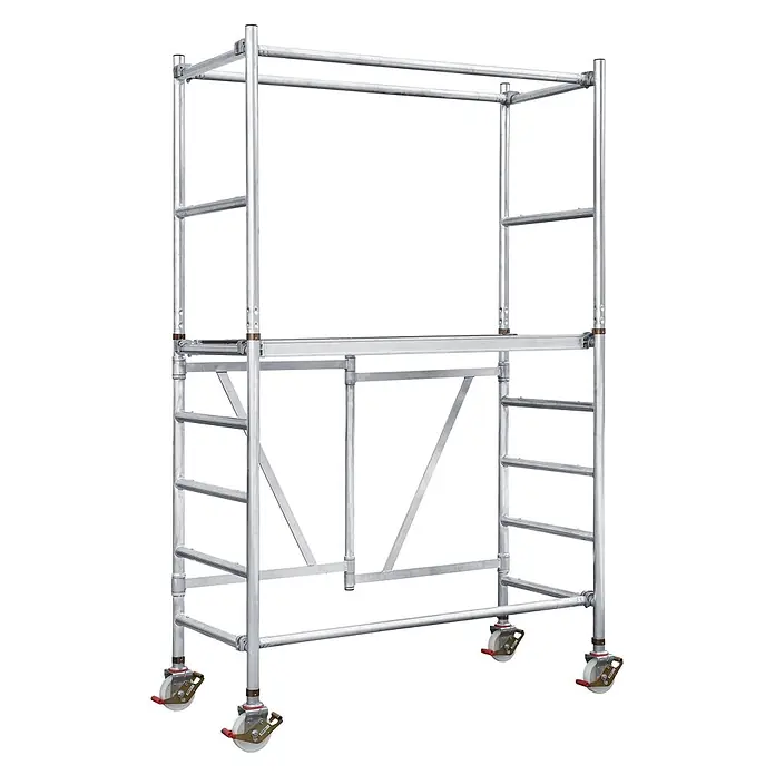 Iller Leiter Rollgerüst Klappgerüst 1,70x0,75m Plattform mit Durchstieg 3,55m AH - Arbeitshöhe: 3.550 m - Fahrgerüst mit silberfarbenem Metallrahmen und Rollen.