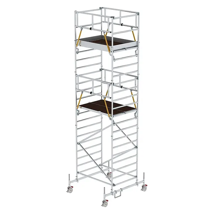 Munk Rollgerüst Rollgerüst SG mit Doppelplattform 1,35x1,80m Plattform 7,78m AH - Arbeitshöhe: 7.780 m - Mobiles Aluminium-Rollgerüst mit zwei dunkelbraunen Plattformen und Sicherheitsgeländern, auf Rollen.