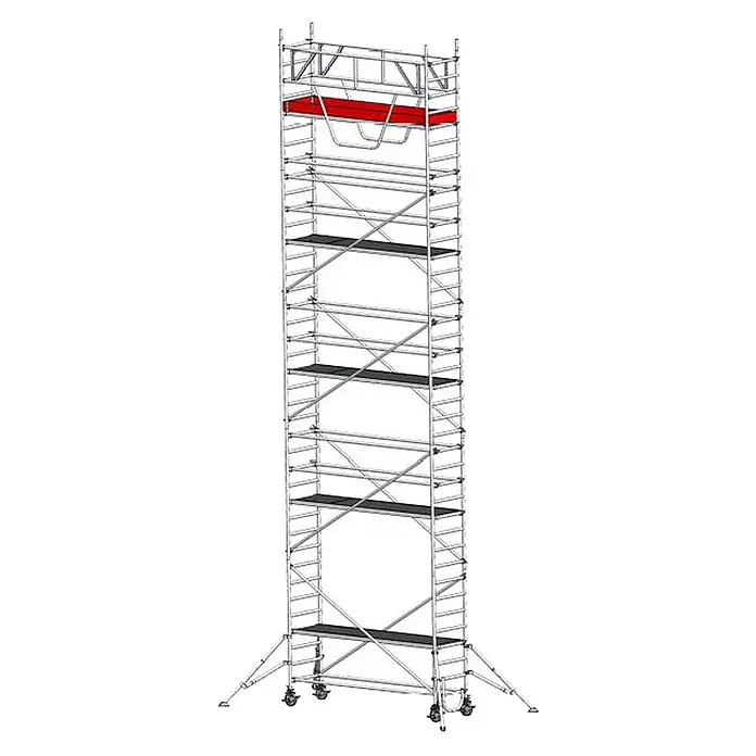 Euroline Rollgerüst Gerüst 9516 mit Sicherheitsaufbau und Auslegern 11,35m AH - Arbeitshöhe: 11.350 m - Hohes mobiles Aluminium-Rollgerüst mit mehreren Plattformen, oben eine rote Arbeitsplattform und Stützstreben.