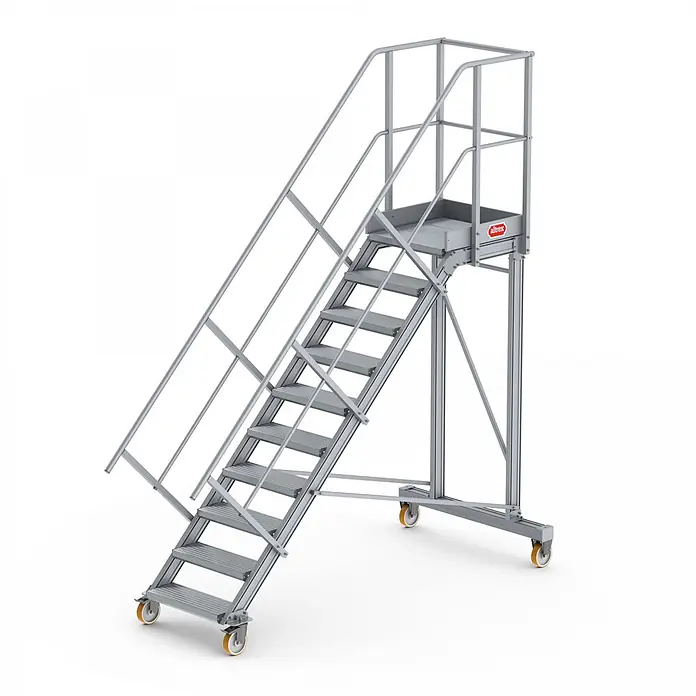 Altrex Podestleiter Podesttreppe fahrbar 45° 10 Stufen - Anzahl Tritte: 10 Stk., Arbeitshöhe: 4.040 m, Aluminium - Mobile Aluminium-Arbeitsplattform mit Geländern und Stufen, auf Rollen.