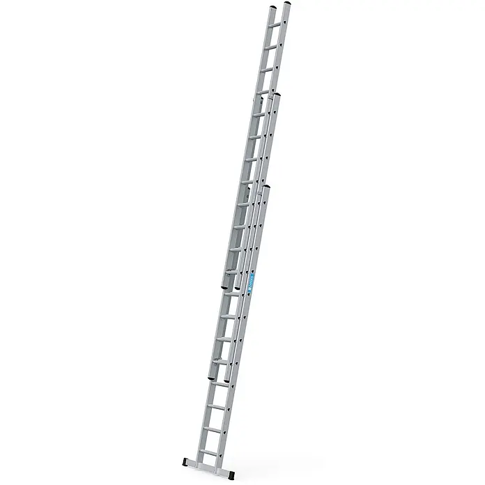 Zarges Schiebeleiter Everest 3DE Schiebeleiter 3x12 Sprossen - Anzahl Tritte: 12 Stk., Arbeitshöhe: 8.800 m, Aluminium - Ausgefahrene, dreiteilige, silberne Aluminium-Anlegeleiter.