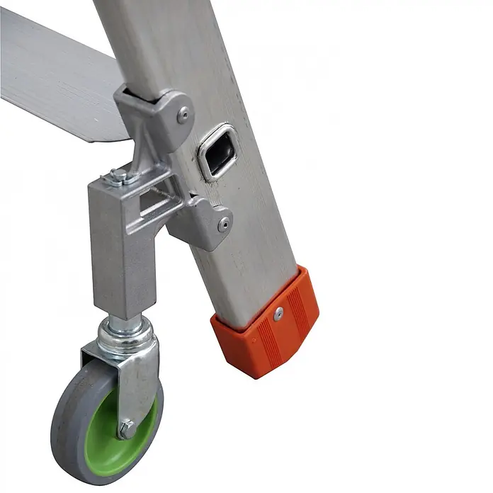 Facal Podestleiter Casta Podesttreppe Aluminium S600 5 Stufen - Anzahl Tritte: 5 Stk., Arbeitshöhe: 3.110 m, Aluminium - Aluminium-Leiterbein mit angebrachtem grau-grünem Rad und oranger Schutzkappe.